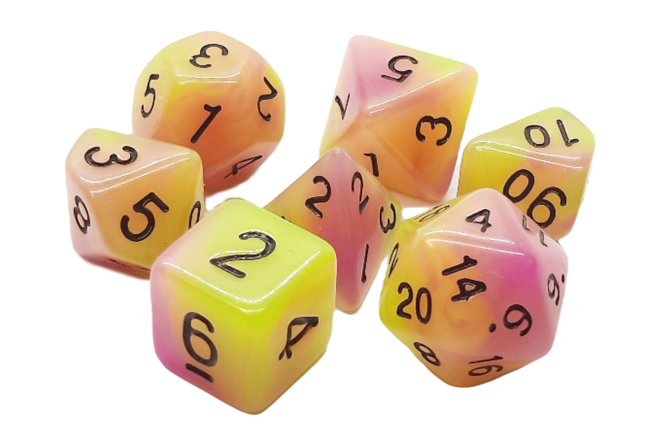 Old School 7 Piece DnD RPG Dice Set: Glow Dice - Yellow & Purple