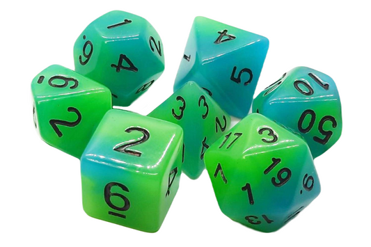 Old School 7 Piece DnD RPG Dice Set: Glow Dice - Green & Blue