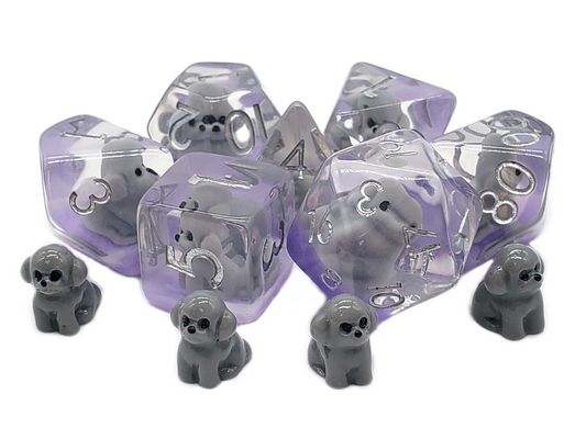 Old School 7 Piece DnD RPG Dice Set: Animal Kingdom - Puppy Dog - Grey
