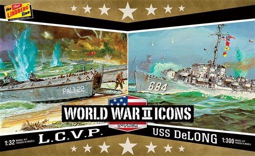 LINDBERG AMERICAN ICONS OF WWII L.C.V.P. & USS DELONG 1:32-1:300 SCALE MODEL KITS