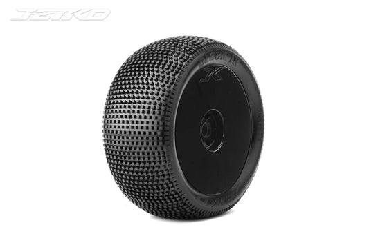 Block In 1/8 Truggy Tires Mounted on Black Dish Rims,