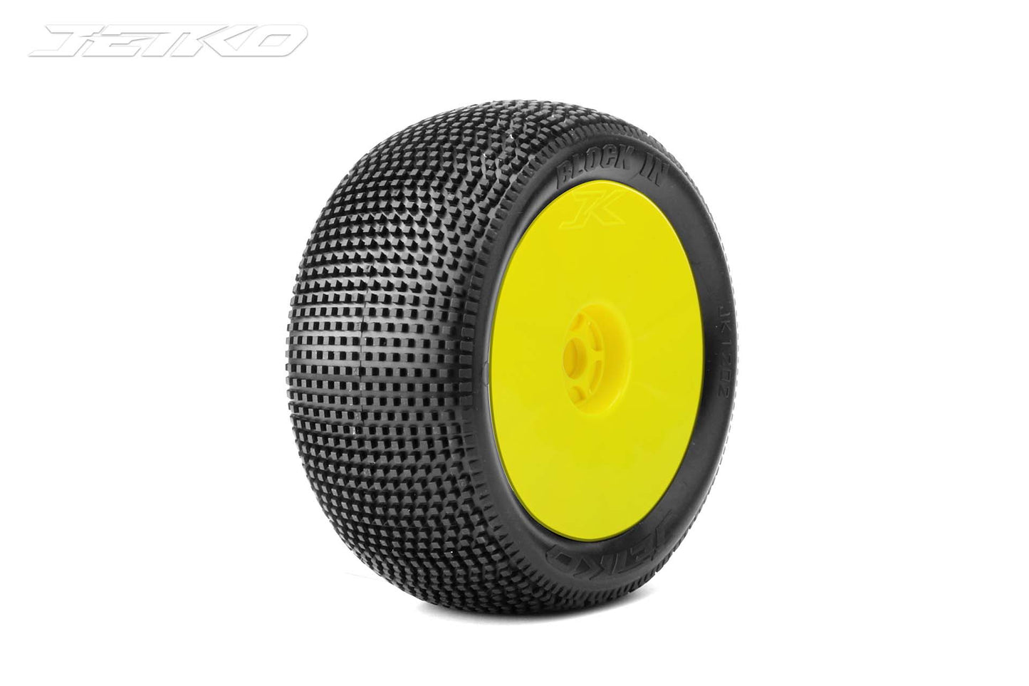 Block In 1/8 Truggy Tires Mounted on Yellow Dish Rims,
