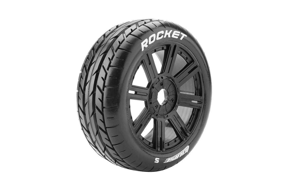 B-Rocket 1/8 Off-Road Buggy Tires, 17mm Hex, Mounted on Black Spoke Rim, Soft, Front/Rear (2)