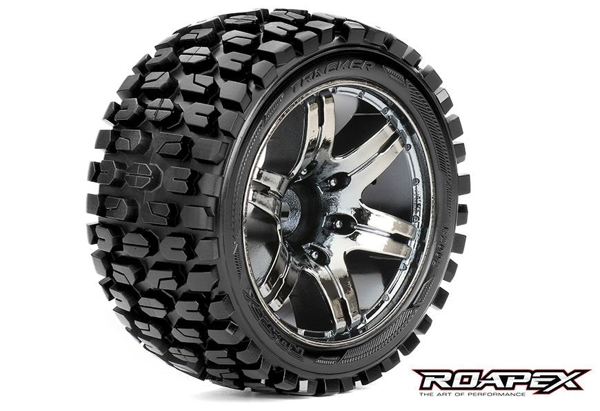 Tracker 1/10 Stadium Truck Tires Mounted on Chrome Black Wheels 0 Offset 12mm Hex (1 pair)