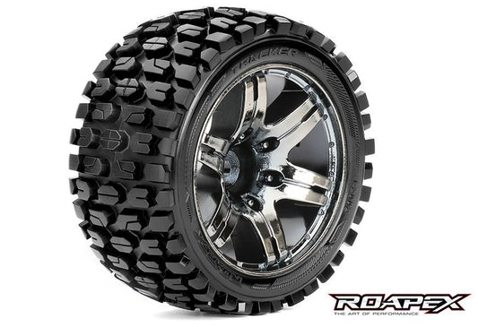 Tracker 1/10 Stadium Truck Tires Mounted on Chrome Black Wheels 0 Offset 12mm Hex (1 pair)