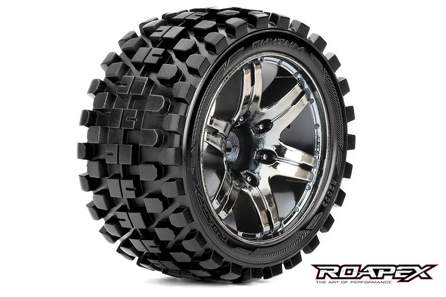 Rhythm 1/10 Stadium Truck Tires Mounted on Chrome Black Wheels 0 Offset 12mm Hex (1 pair)
