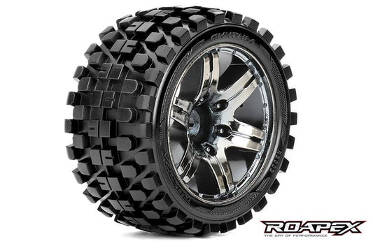 Rhythm 1/10 Stadium Truck Tires Mounted on Chrome Black Wheels 0 Offset 12mm Hex (1 pair)