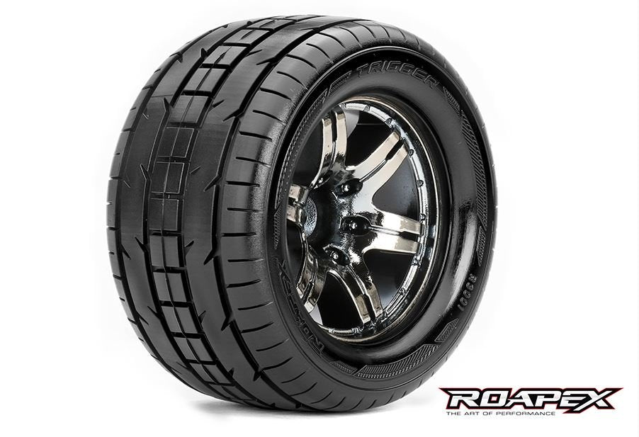 Trigger 1/10 Monster Truck Tires Mounted on Chrome Black Wheels 0 Offset 12mm Hex (1 pair)