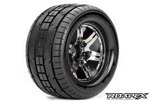 Trigger 1/10 Monster Truck Tires Mounted on Chrome Black Wheels 1/2 Offset 12mm Hex (1 pair)