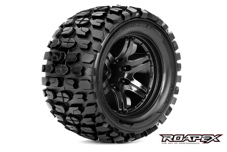 Tracker 1/10 Monster Truck Tires Mounted on Black Wheels 1/2 Offset 12mm Hex (1 pair)