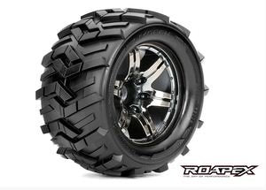 Morph 1/10 Monster Truck Tires Mounted on Chrome Black Wheels 0 Offset 12mm Hex (1 pair)
