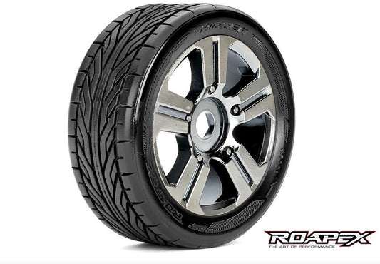 Trigger 1/8 Buggy Tires Mounted on Chrome Black Wheels 17mm Hex (1 pair)
