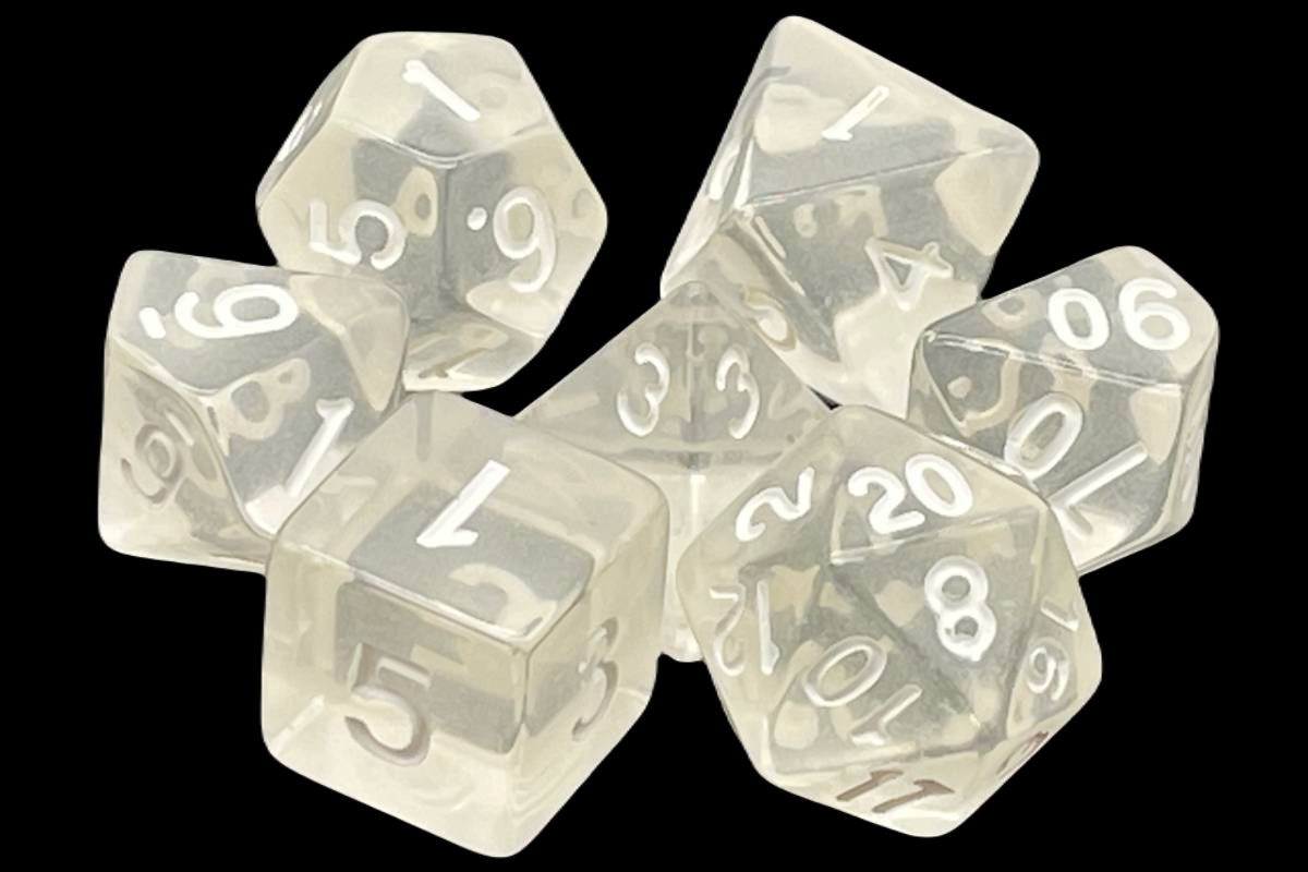 Old School 7 Piece DnD RPG Dice Set: Translucent Clear